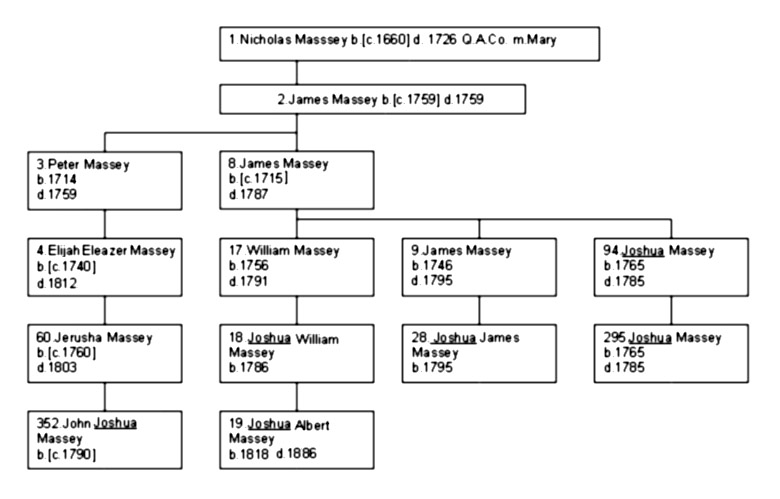 Appendix III - Confusing Given Names - Six Massey's named, "Joshua."  1.Nicholas Massey; 2.James Massey; 3.Peter Massey; 8.James Massey; 4.Elijah Eleazer Massey; 17.William Massey; 9.James Massey; 94.Joshua Massey; 60Jerusha Massey; 18.Joshua William Massey; 28.Joshua James Massey; 295.Joshua Massey; 352.John Joshua Massey; 19.Joshua Albert Massey.