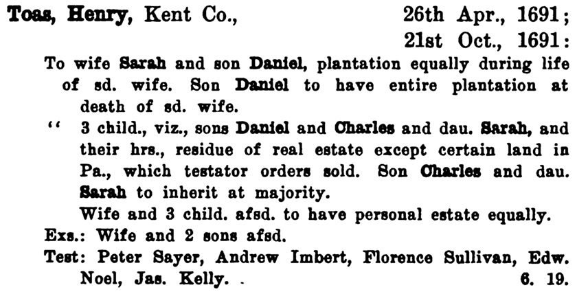 Maryland Calendar of Wills, Vol.2, page 59: Henry Toas