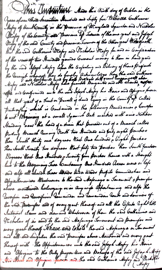 Maryland Land Records, Kent County, Catharine Massey and Nicholas Massey to Joseph Massey, October 9, 1765