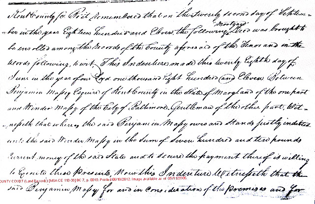 Maryland Land Records, Kent County, Benjamin Massey to Winder Massey, September 22, 1811