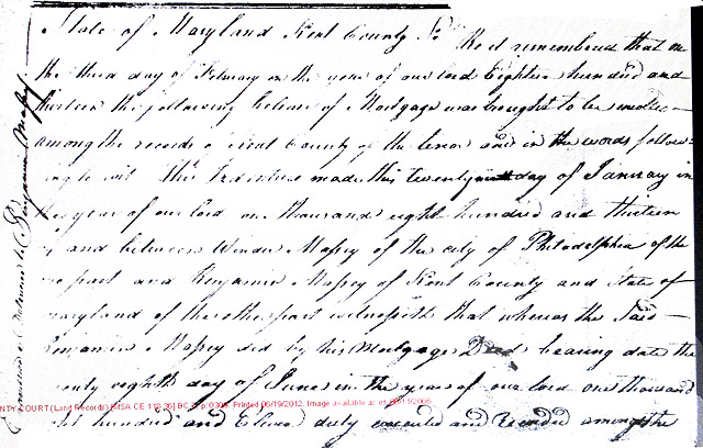 Maryland Land Records, Kent County, Winder Massey to Benjamin Massey, February 3, 1813