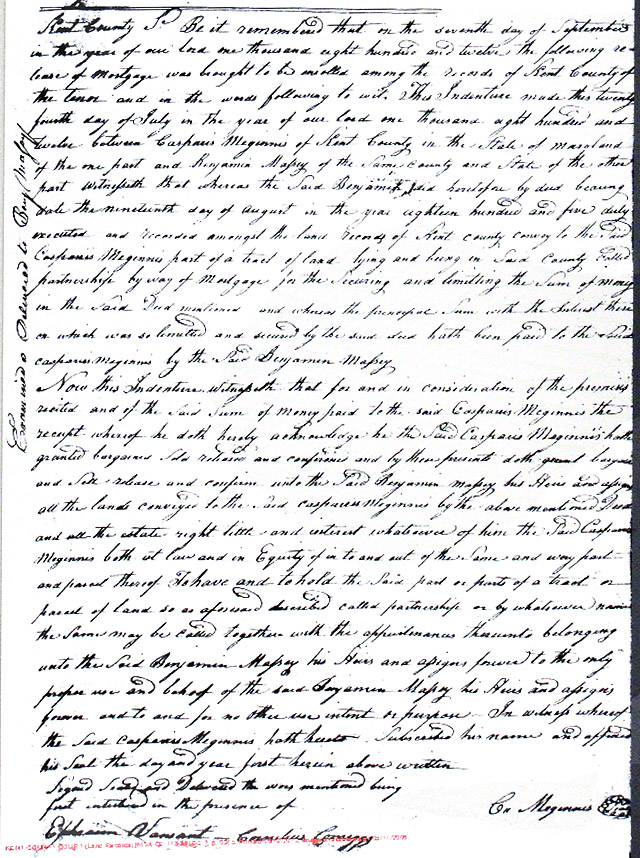 Maryland Land Records, Kent County, Casparis Meginnis to Benjamin Massey, July 24, 1812