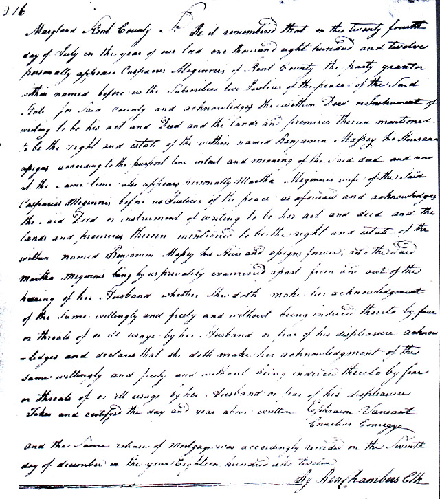 Maryland Land Records, Kent County, Casparis Meginnis to Benjamin Massey, July 24, 1812