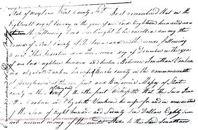 Maryland Land Records, Kent County, Benjamin Massey from Jonathan Vanhorn and wife Elizabeth, December 2, 1812