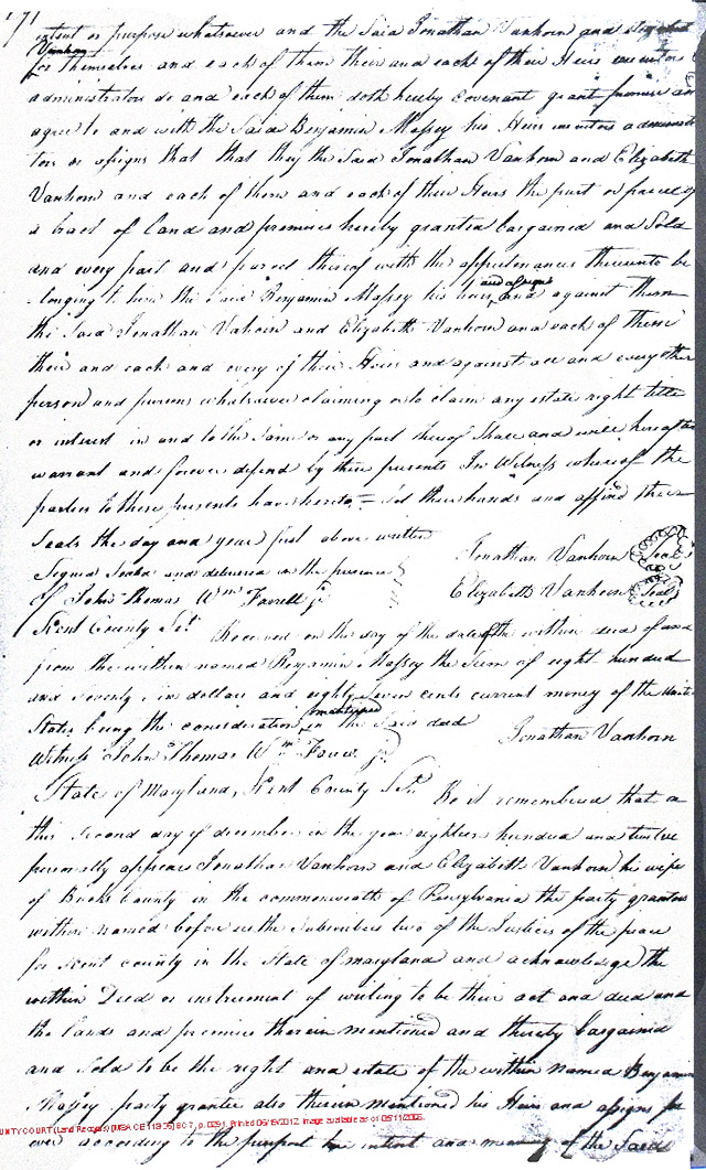 Maryland Land Records, Kent County, Benjamin Massey from Jonathan Vanhorn and wife Elizabeth, December 2, 1812