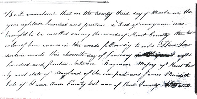 Maryland Land Records, Kent County, Benjamin Massey from James Meridith, January 11, 1814