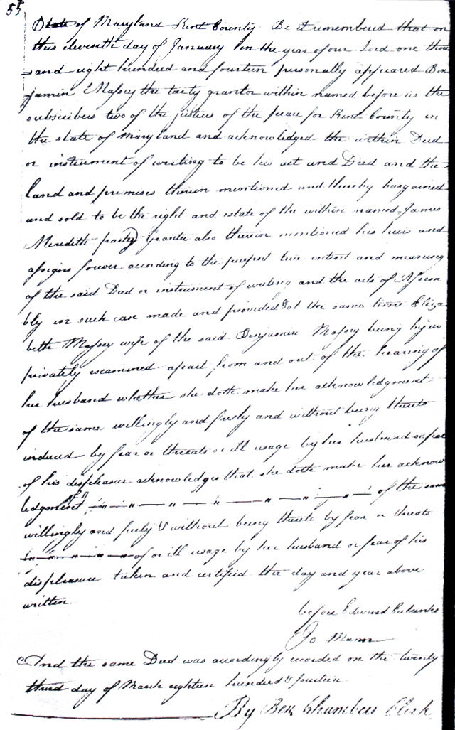 Maryland Land Records, Kent County, Benjamin Massey from James Meridith, January 11, 1814