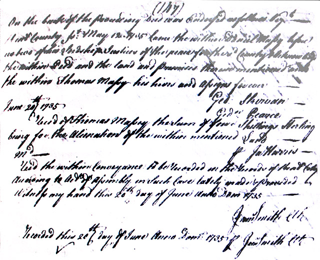 Maryland Land Records, Kent County, Daniel Massey and Mary Massey to Thomas Massey, May 12, 1735