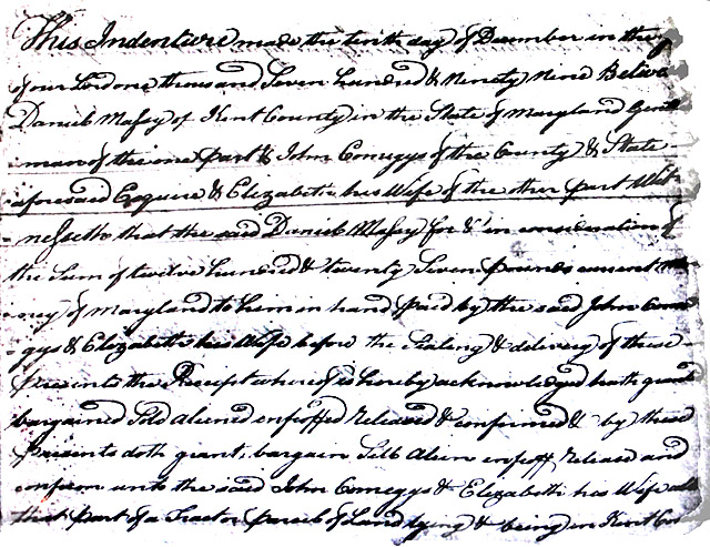 Maryland Land Records, Kent County, Daniel Massey to John Comegys &Elizabeth, his wife, March 22, 1800