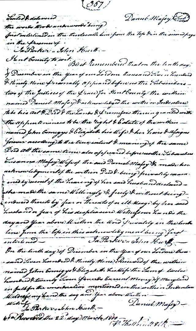 Maryland Land Records, Kent County, Daniel Massey to John Comegys &Elizabeth, his wife, March 22, 1800