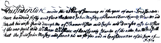 Maryland Land Records, Kent County, John Massey and wife, Sarah Usher Massey, to William Wilshire, January 20, 1755