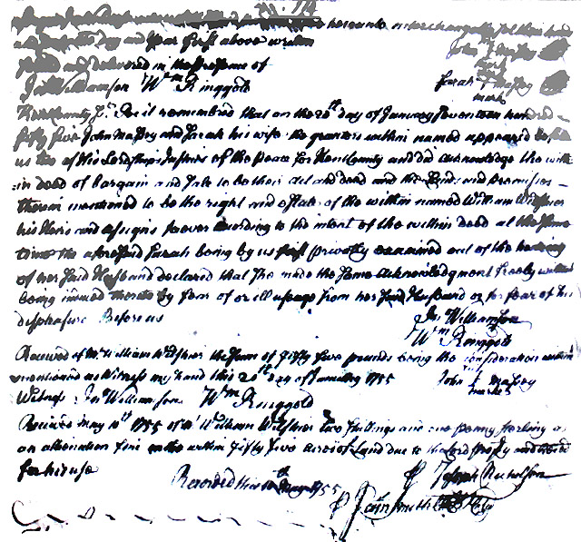 Maryland Land Records, Kent County, John Massey and wife, Sarah Usher Massey, to William Wilshire, January 20, 1755