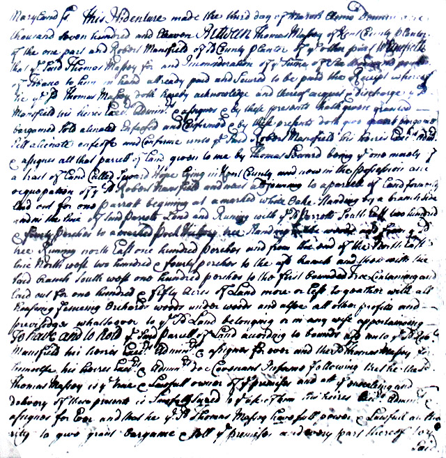 Maryland Land Records, Kent County, Thomas Massey to Robert Mansfield, May 30, 1712