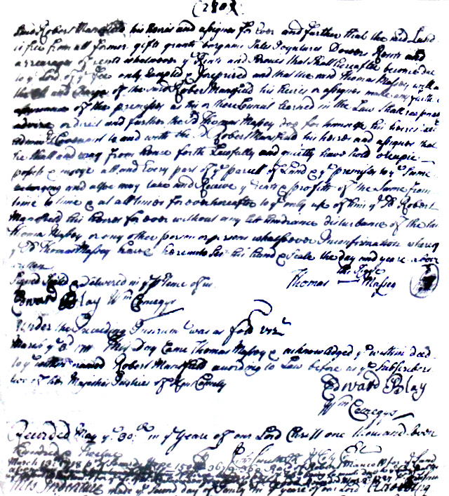 Maryland Land Records, Kent County, Thomas Massey to Robert Mansfield, May 30, 1712