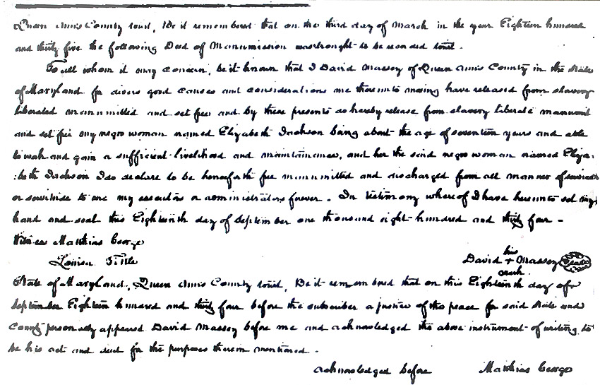 Maryland Land Records, Queen Anne's County, David Massey, manumission of Elizabeth Jackson, March 3, 1834