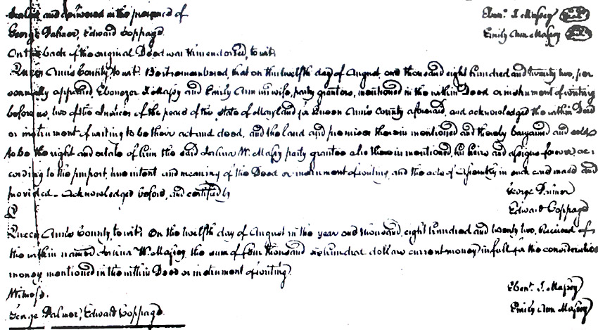 Maryland Land Records, Queen Anne's County, Ebenezer T. Massey and Emily Ann Massey to Joshua W. Massey, September 18, 1822