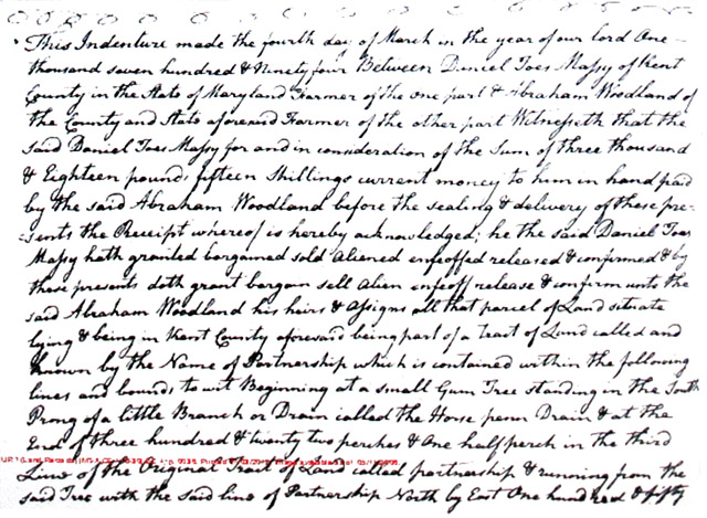Maryland Land Records, Kent County, Daniel Toas Massey to Abraham Woodland, March 4, 1794