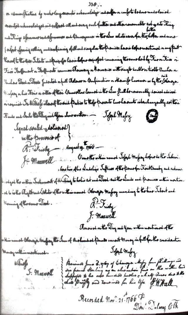 Maryland Land Records, Kent County, Joseph Massey to Ebenezer Massey, November 21, 1766