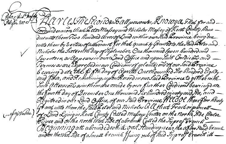 Maryland Land Office, Kent County, Peter and Nicholas Massey's patent of Massey's Venture, August 6, 1719