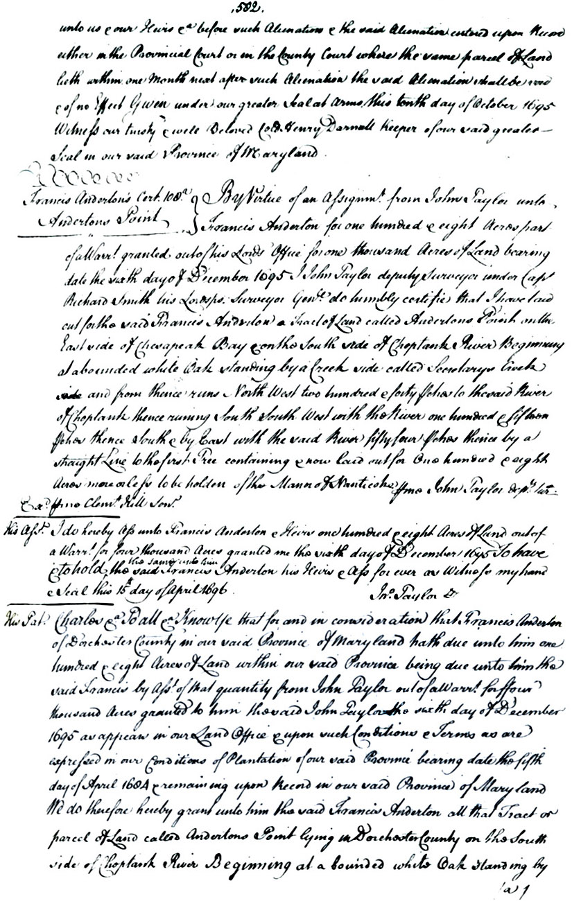 Maryland Land Records, Dorchester County, Nicholas and Josias Massey's patent of "The Outlett" October 10, 1695