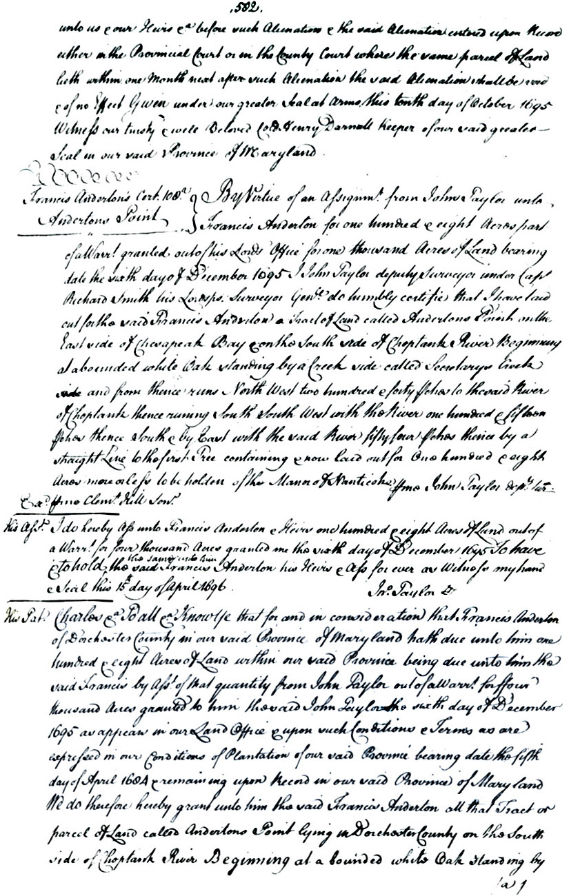 Maryland Land Records, Dorchester County, Nicholas and Josias Massey's patent of "The Outlett" October 10, 1695