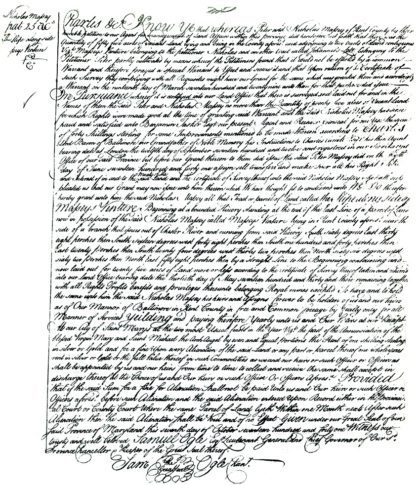 Maryland Land Office, Kent County, Nicholas Massey's patent of Massey's Venture, October 7, 1741