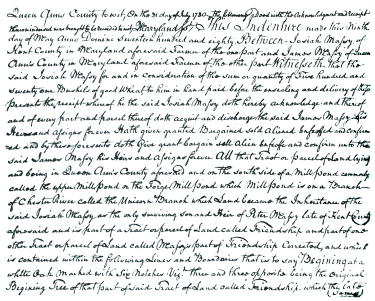 Maryland Land Records, Queen Anne's County, Josiah Massey to James Massy [Massey], July 31, 1780