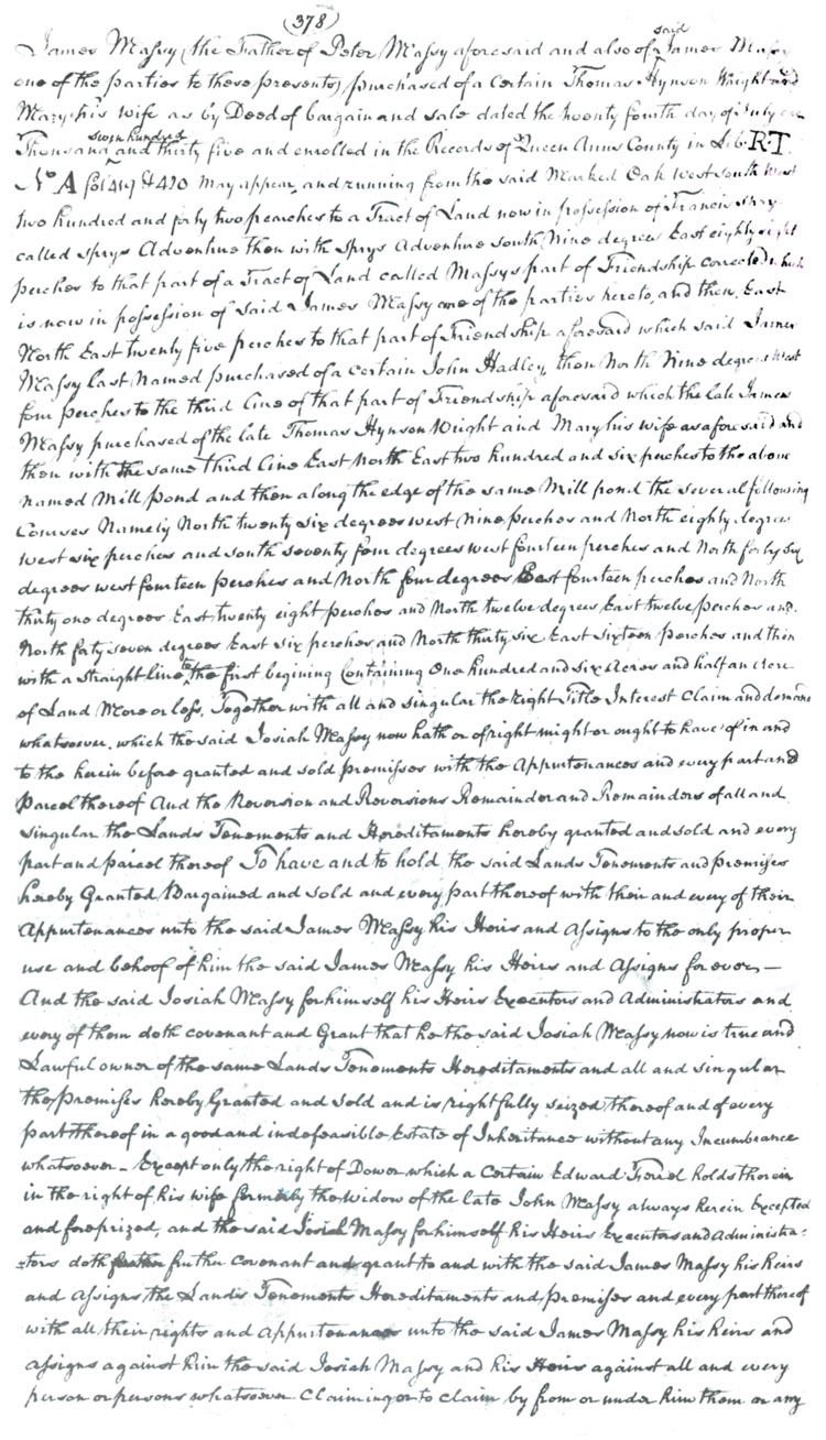 Maryland Land Records, Queen Anne's County, Josiah Massey to James Massy [Massey], July 31, 1780