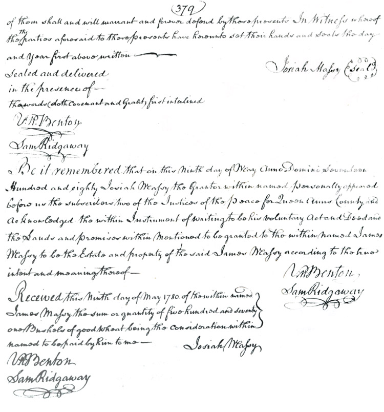 Maryland Land Records, Queen Anne's County, Josiah Massey to James Massy [Massey], July 31, 1780