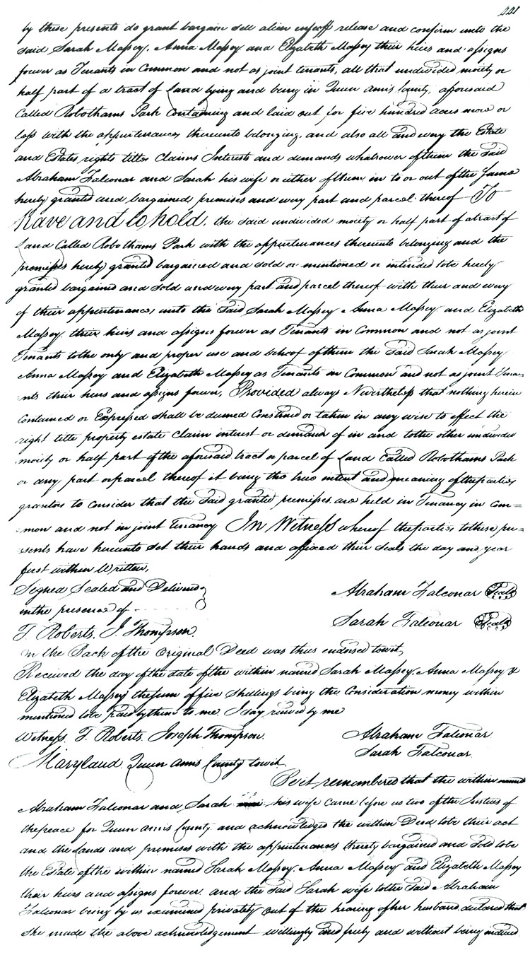 Maryland Land Records, Queen Anne's County, Abraham Falconar to Sarah Massey, et. al., October 31, 1801