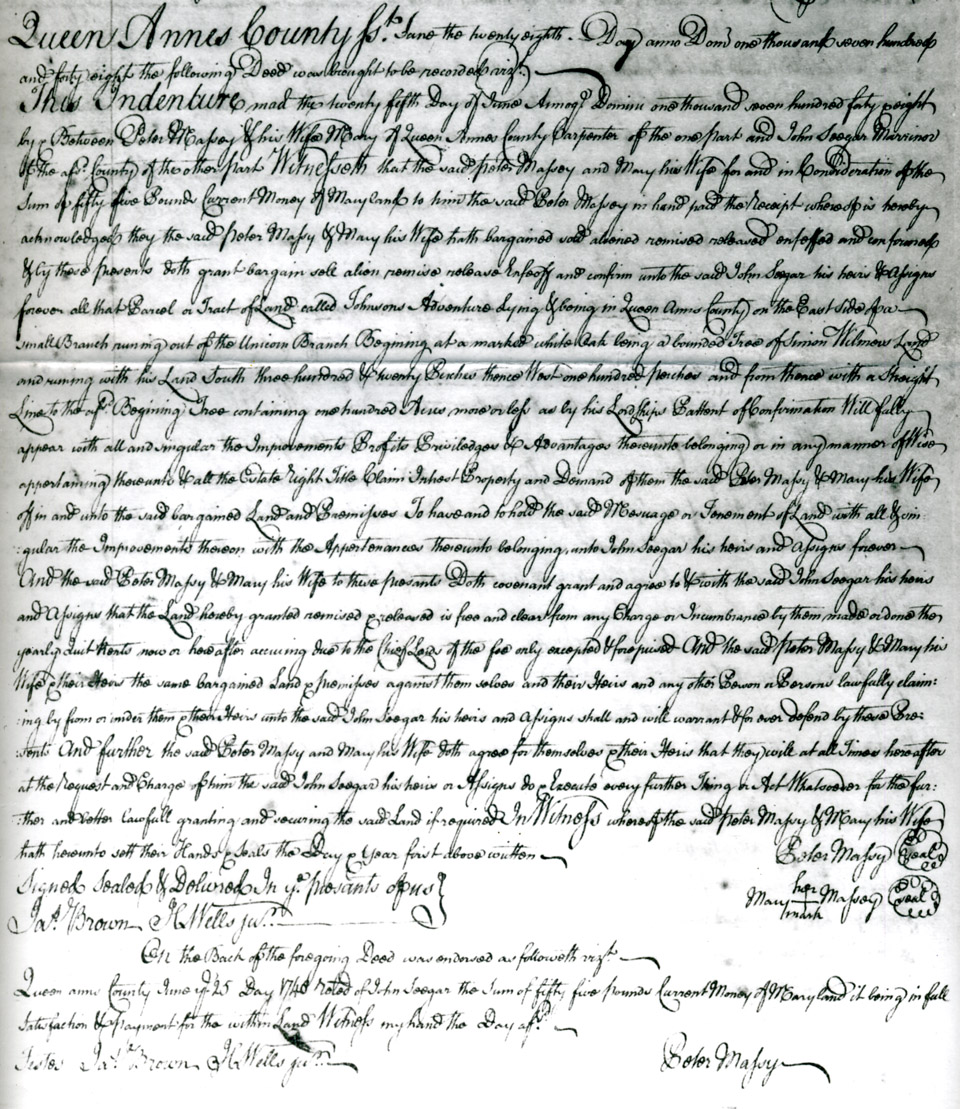 Maryland Land records,Peter Massey, Sr. to John Seegar, June 28, 1748