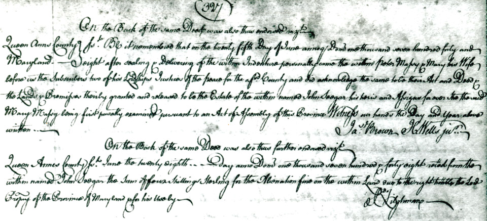 Maryland Land Records, Peter Massey, Sr. to John Seegar, June 28, 1748