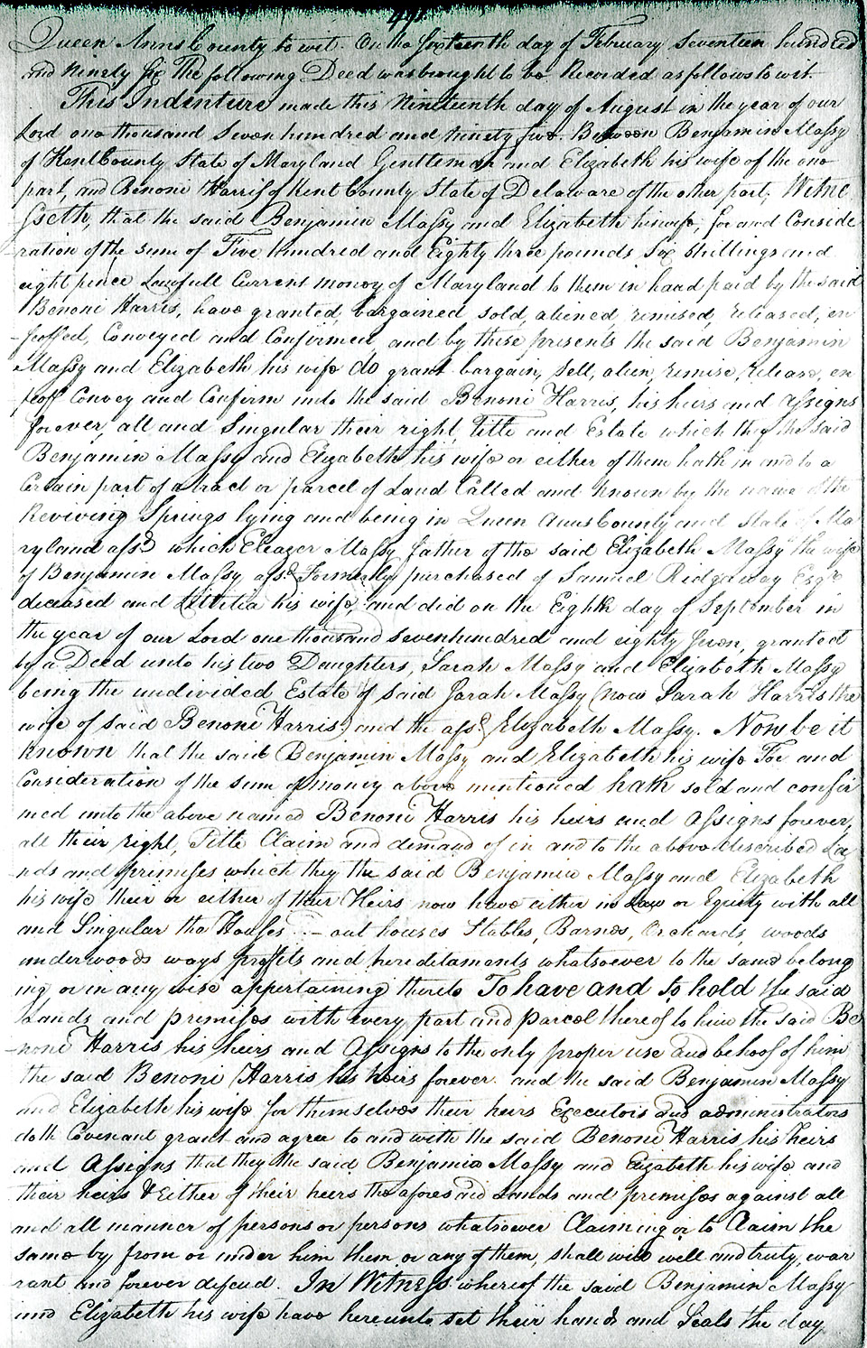 Benjamin Massey to Benoni Harris, February 15, 1796