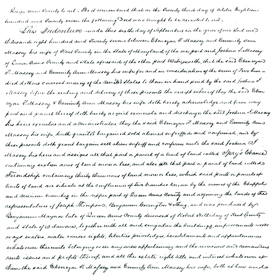 Maryland Land Records, Queen Anne's County, Ebenezer T. Massey to Joshua I. Massey, October 23, 1827
