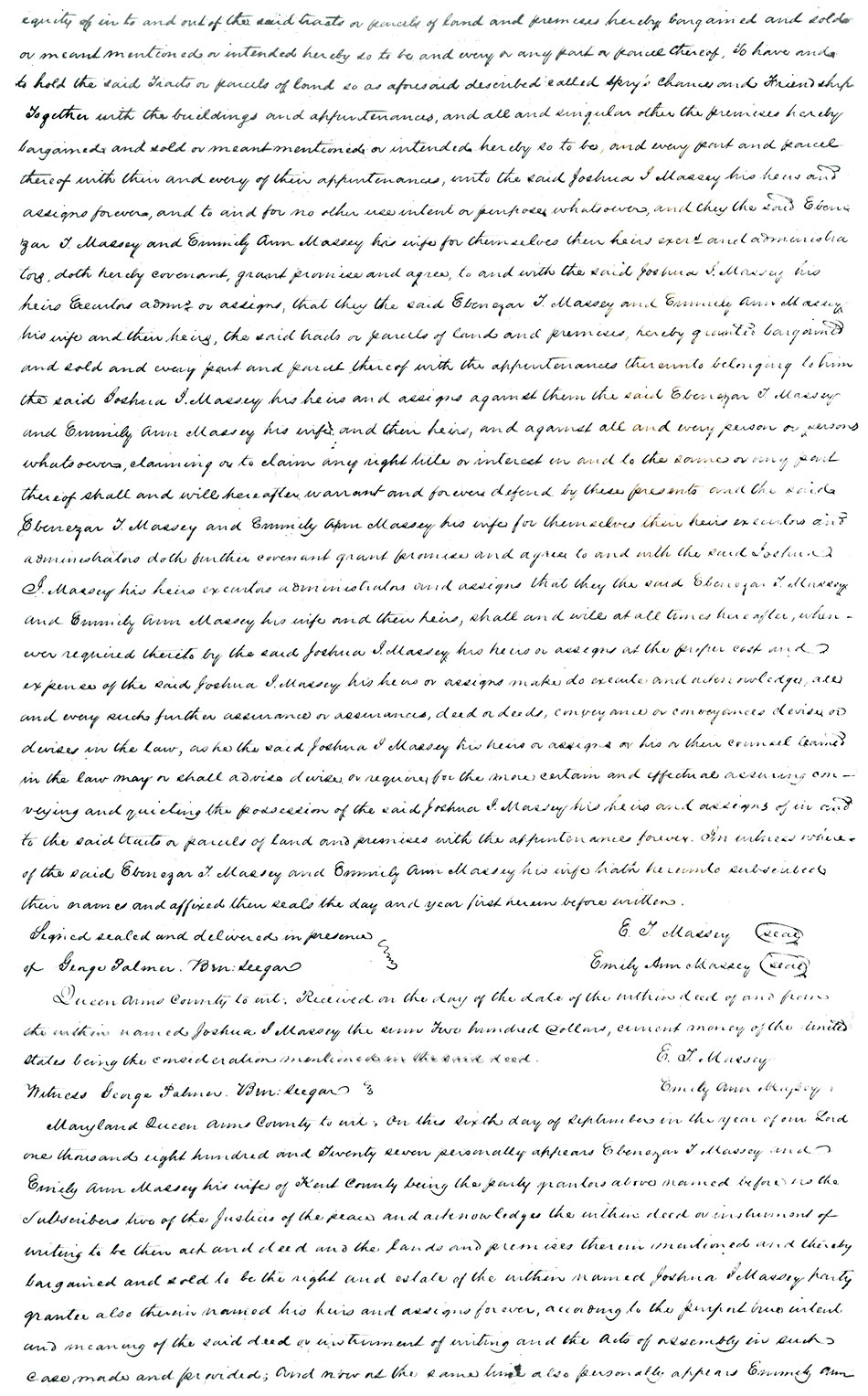 Maryland Land Records, Queen Anne's County, Ebenezer T. Massey to Joshua I. Massey, October 23, 1827