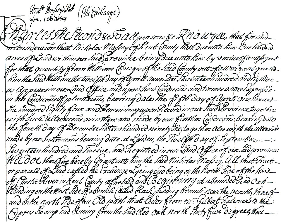 Maryland Land Records, Kent County Land Office, Nicholas Massey, patent, July 21, 1720