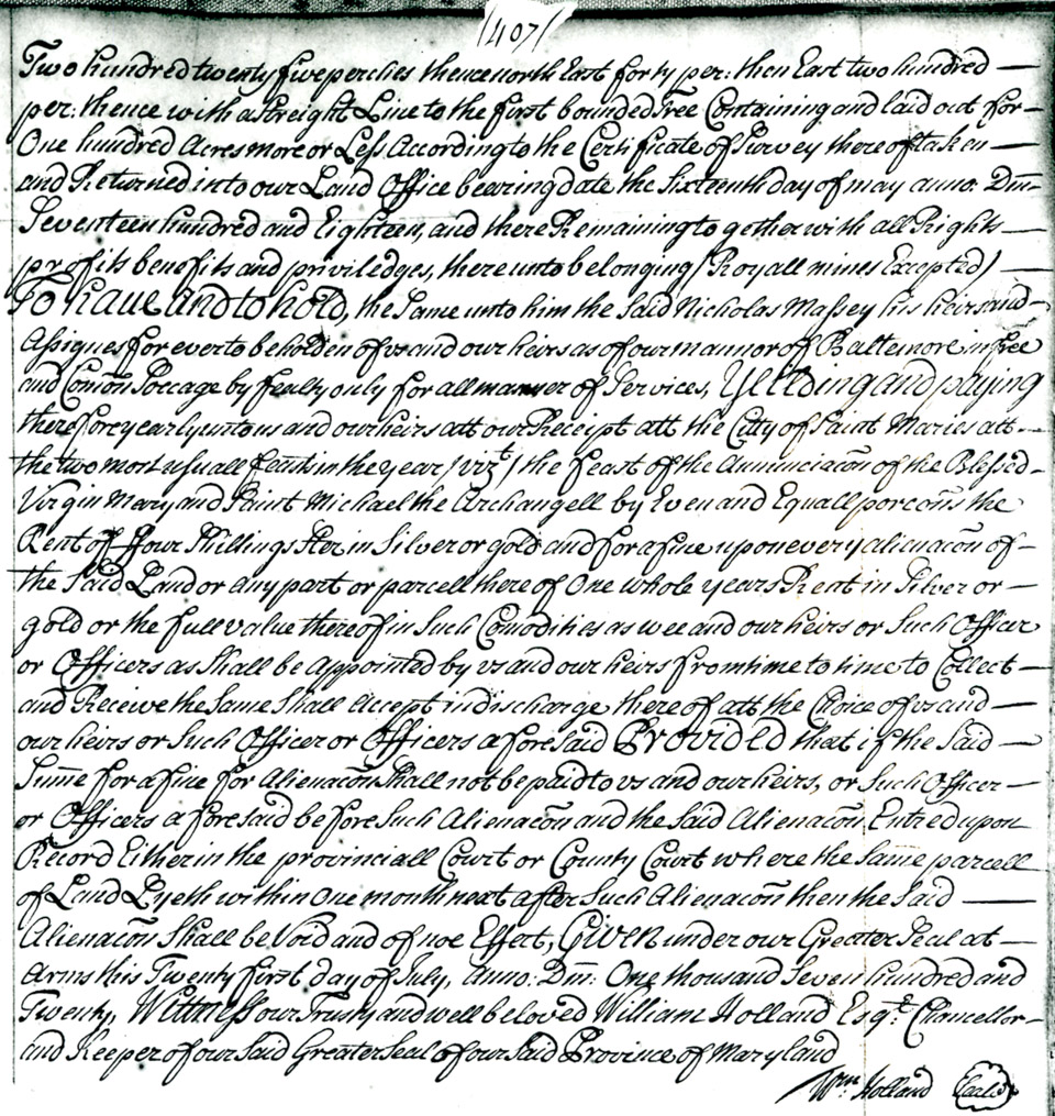 Maryland Land Records, Kent County Land Office, Nicholas Massey, patent, July 21, 1720