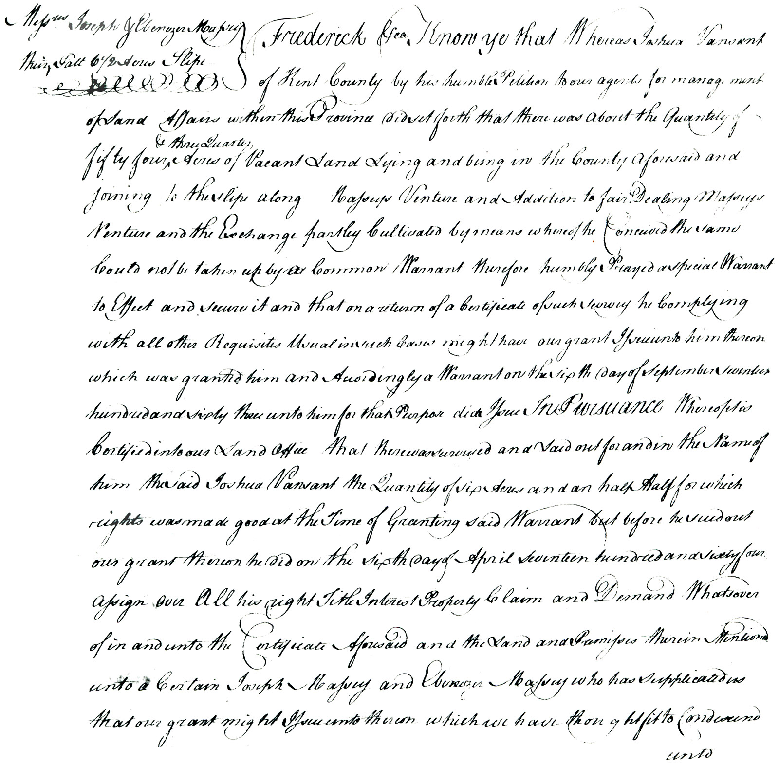 Maryland Land Records, Kent County, Joseph Massey & Ebenezar Massey, patent, August 28, 1764