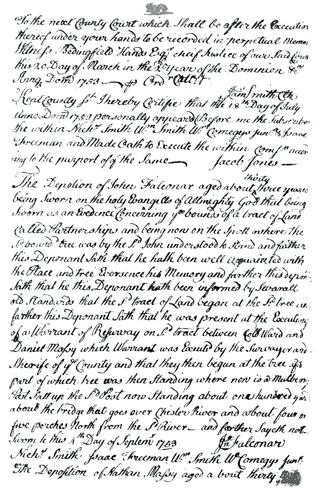 Maryland Land Records, Kent County, Abraham Falconar and Daniel Massey, petition, November 20, 1753