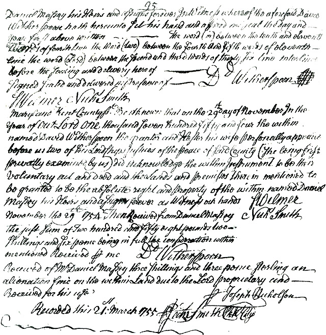 Maryland Land Records, Kent County, David Wetherspoon to Daniel Massey, March 21, 1755