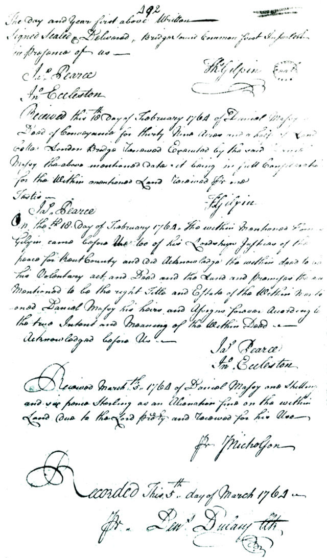 Maryland Land Records, Kent County, Thomas Gilpin to Daniel Massey, March 5, 1764