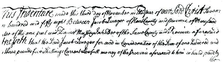 Maryland Land Records, Kent County, Jacob Linegar to Daniel Massey, February 2, 1759