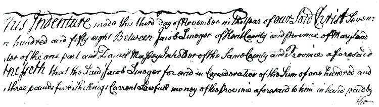 Maryland Land Records, Kent County, Jacob Linegar to Daniel Massey, February 2, 1759