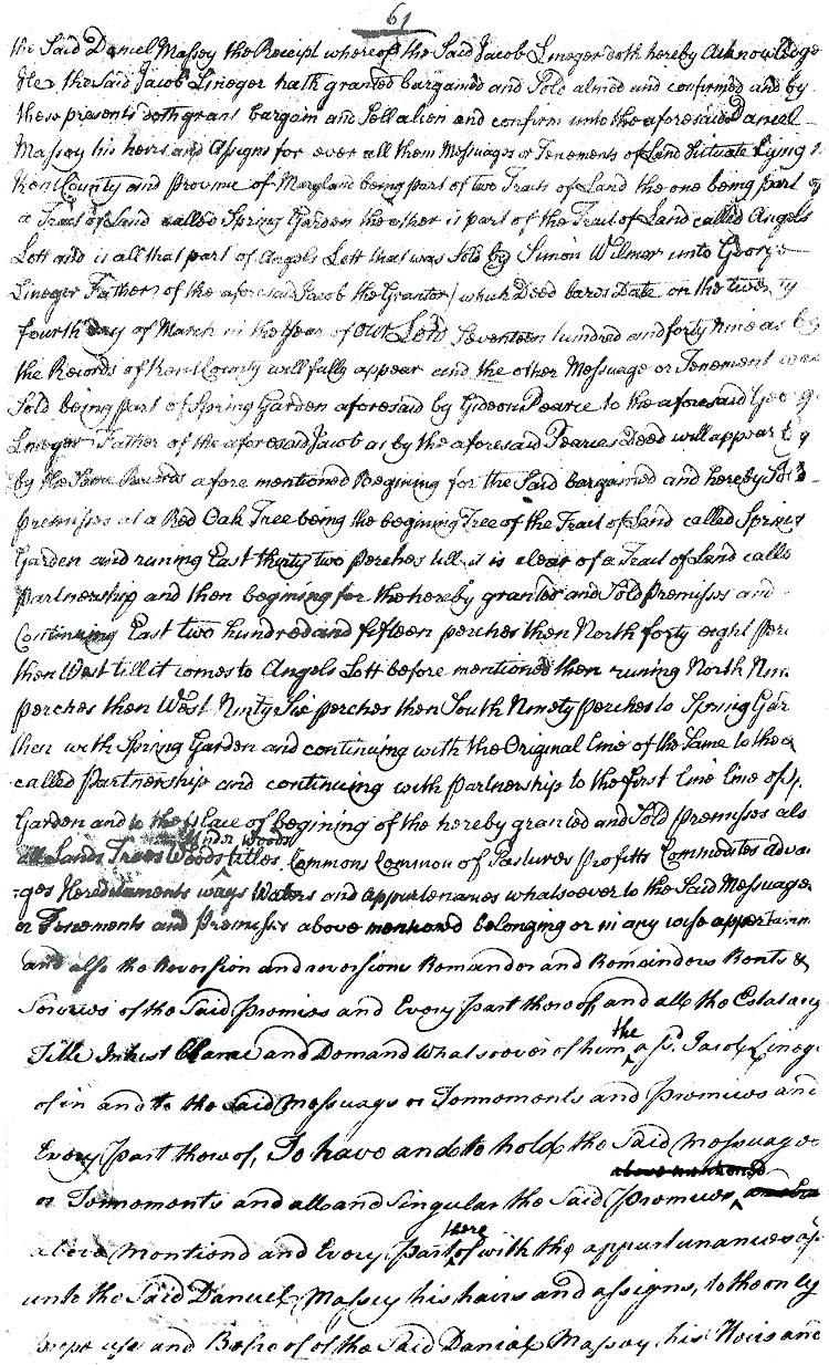Maryland Land Records, Kent County, Jacob Linegar to Daniel Massey, February 2, 1759