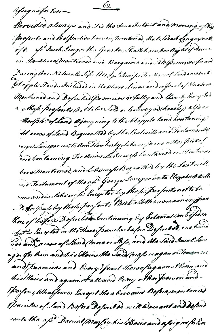 Maryland Land Records, Kent County, Jacob Linegar to Daniel Massey, February 2, 1759