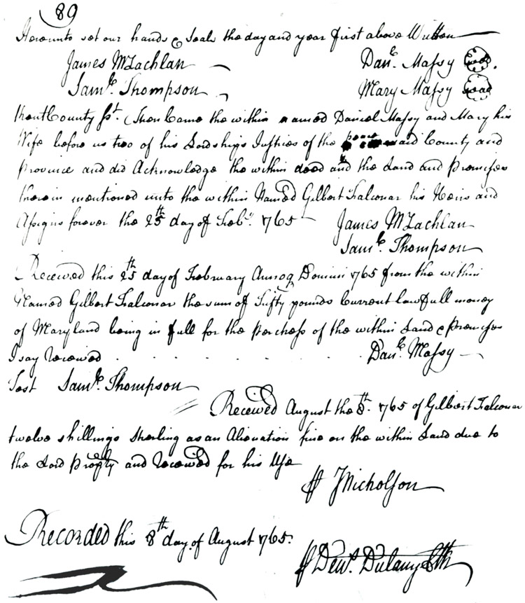 Maryland Land Records, Kent County, Daniel Massey to Gilbert Falconar, August 8, 1765