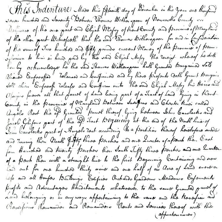 Maryland Land Records, Kent County, Thomas Witherspoon to Elijah Massey, March 19, 1771