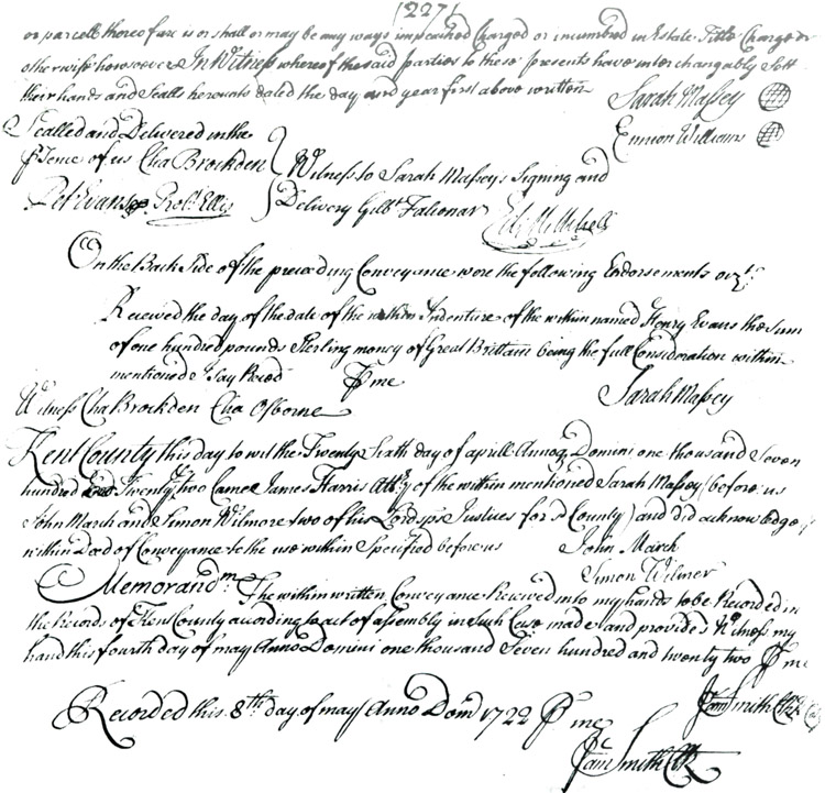 Maryland Land Records, Kent County, Sarah Massey, Simon Williams & Henry Evans, November 16, 1721