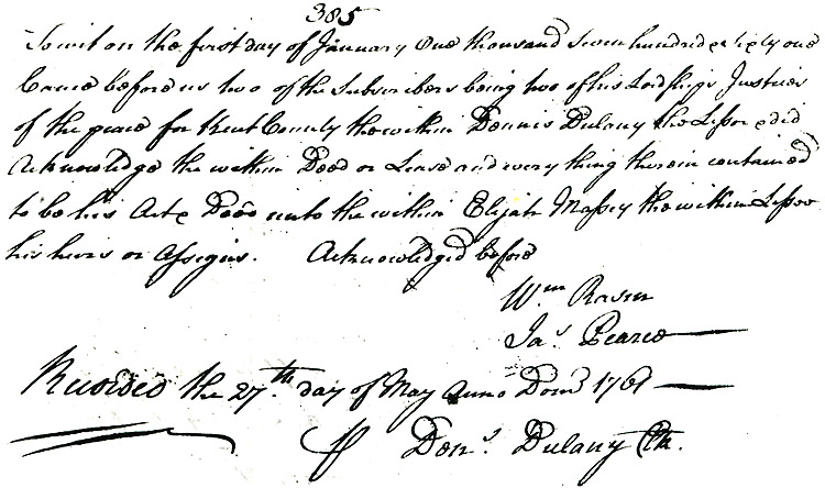 Maryland Land Records, Kent County, Daniel Dulaney to Elijah Massey, May 27, 1761
