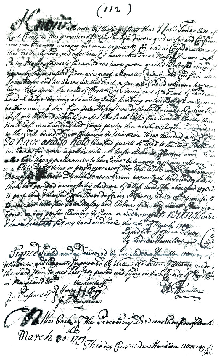 Maryland Land Records, Kent County, John Toaes to Sarah Massey, May 12, 1709